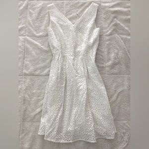 Women’s White Ann Taylor V-neck Dress With Lace Eyelet Pattern